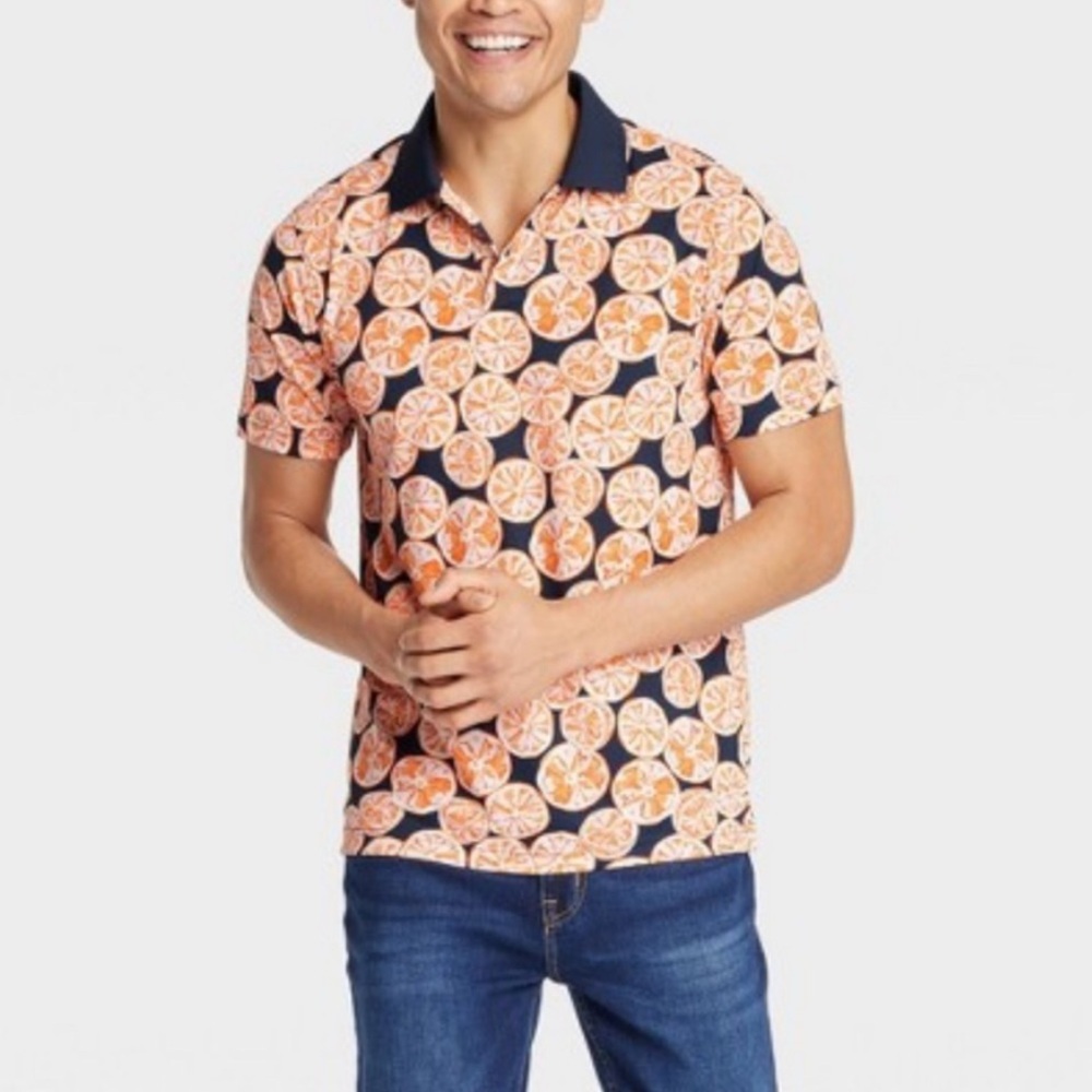 Goodfellow Polo Shirt Orange Citrus Print Quick Dry Tropical Dadcore Medium